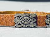 Handmade Horny Toad Vintage Native American Navajo Sterling Silver Leather Buckle Bracelet-Nativo Arts