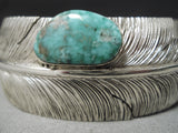 Native American Intricate!! Hand Carved Feather Royston Turquoise Sterling Silver Bracelet Cuff-Nativo Arts