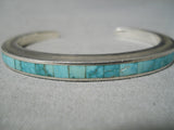 Thick Sturdy Vintage Native American Navajo Turquoise Inlay Sterling Silver Bracelet Old-Nativo Arts