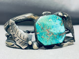 Thicker Vintage Native American Navajo Turquoise Sterling Silver Leaves Bracelet-Nativo Arts
