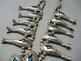 Advanced Silver Work Vintage Native American Navajo Sterling Turquoise Squash Blossom Necklace-Nativo Arts