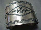 Huge Rug Design Vintage Native American Navajo Hand Tooled Sterling Silver Wide Bracelet-Nativo Arts