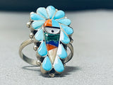 Dancing Chief Kachina Vintage Native American Zuni Turquoise Inlay Sterling Silver Ring-Nativo Arts