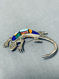 Important Vintage Native American Navajo Turquoise Inlay Sterling Silver Lizared Pin-Nativo Arts