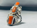 Towering Native American Navajo Coral Sterling Silver Leaf Ring-Nativo Arts
