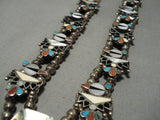 Native American Intricate!! Vintage Zuni Turquoise Inlay Sterling Silver Squash Blossom Necklace-Nativo Arts