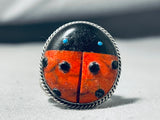 Captivating Native American Navajo Signed Coral Jet Turquoise Sterling Silver Ladybug Ring-Nativo Arts