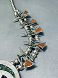Rare Green Turquoise Vintage Native American Navajo Sterling Silver Squash Blossom Necklace-Nativo Arts