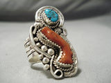 Exquisite Native American Navajo Old Kingman Turquoise & Coral Sterling Silver Ring-Nativo Arts