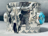 Native American Tremendous San Felipe Signed 2 Godber Turquoise Sterling Silver Skull Bracelet-Nativo Arts