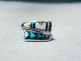 Unique Vintage Native American Navajo Inlay Turquoise Mother Of Pearl Sterling Silver Wrap Ring-Nativo Arts