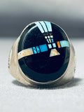 Huge Nightsky Turquoise Native American Navajo Sterling Silver Sun Ring-Nativo Arts