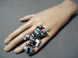 Spectacular Native American Navajo Inlay Turquoise Coral Jet Sterling Silver Rainbow Man Ring-Nativo Arts