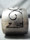 Signed Vintage Native American Navajo Heavy Patina Sterling Silver Geomtric Bracelet-Nativo Arts