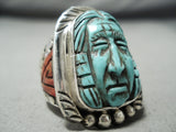 Native American Importasnt Hand Carved Turquoise Coral Sterling Silver Ring-Nativo Arts