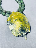 Native American Rare Santo Domingo Signed Green Turquoise Turtle Sterling Silver Necklace-Nativo Arts