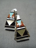 Intricate Vintage Zuni Native American Turquoise Coral Sterling Silver Earrings-Nativo Arts
