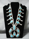 Blue Diamond Turquoise Vintage Native American Navajo Sterling Silver Squash Blossom Necklace-Nativo Arts