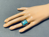 Marvelous Vintage Native American Navajo Kingman Turquoise Square Sterling Silver Ring-Nativo Arts