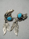 Impressive Vintage Native American Navajo Feather Sterling Silver Turquoise Earrings-Nativo Arts