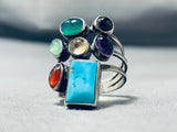 Dramatic Vintage Native American Navajo Blue Gem Turquoise & Multi Stone Sterling Silver Ring-Nativo Arts