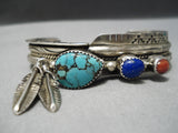 Museum Vintage Native American Navajo Dangle Feather Turquoise Sterling Silver Bracelet Old-Nativo Arts