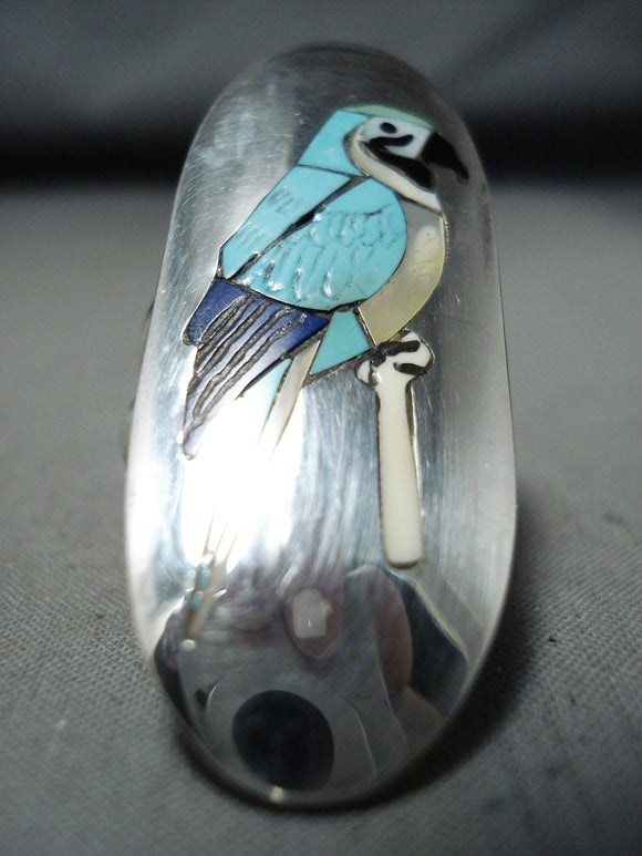 Picturesque Vintage Native American Zuni Inlay Turquoise Sterling Silver Parrot Ring-Nativo Arts