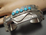 Stunning Detailed Hand Carved Feather Native American Navajo Turquoise Sterling Silver Bracelet-Nativo Arts