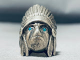 Heavy Mens Chief Head Vintage Native American Navajo Turquoise Sterling Silver Ring-Nativo Arts