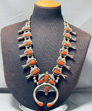 Hand Carved Coral Vintage Native American Navajo Sterling Silver Squash Blossom Necklace-Nativo Arts