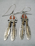 Marvelous Vintage Native American Navajo Coral Inlay Sterling Silver Arrowhead Earrings-Nativo Arts