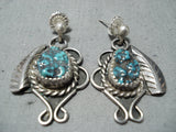 Exquisite Vintage Native American Navajo Old Kingman Turquoise Sterling Silver Earrings-Nativo Arts