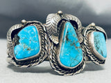 Dramatic Vintage Native American Navajo 3 Blue Diamond Turquoise Sterling Silver Bracelet-Nativo Arts