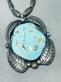 Rare Longer Vintage Native American Navajo #8 Turquoise Sterling Silver Leaf Necklace-Nativo Arts