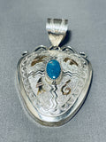 Superb Native American Navajo Signed Kingman Turquoise Sterling Silver 12kgf Pendant-Nativo Arts