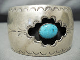 Wide Vintage Native American Navajo Hand Tooled Sterling Silver Turquoise Pillow Bracelet-Nativo Arts
