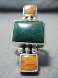 Unique Navajo Native American Turquoise Spiny Oyster Sterling Silver Ring-Nativo Arts