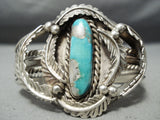 Heavy Thick Vintage Native American Navajo Gilbert Turquoise Sterling Silver Leaf Bracelet Old-Nativo Arts