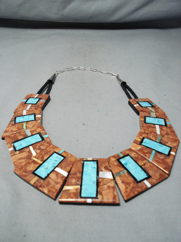 One Of The Biggest Native American Turquoise Sterling Silver Inlay Necklace-Nativo Arts