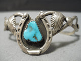 Native American Marvelous Vintage Detailed Turquoise Sterling Silver Horse Shoe Bracelet Old-Nativo Arts