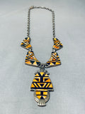 One Of Most Intricate Ever Vintage Native American Navajo Shell Inlay Sterling Silver Necklace-Nativo Arts