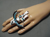 Huge Vintage Native American Zuni Eagle Dancer Sterling Silver Turquoise Ring-Nativo Arts