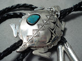 Astounding Navajo Turquoise Sterling Silver Toad Bolo Tie Native American-Nativo Arts