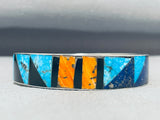 Extremely Rare Native American Navajo Turquoise Inlay Sterling Silver Bangle Bracelet-Nativo Arts