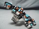 Spectacular Native American Navajo Inlay Turquoise Coral Jet Sterling Silver Rainbow Man Ring-Nativo Arts