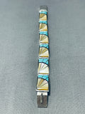 Native American Baroque Vintage Zuni Turquoise Shell Sterling Silver Inlay Bracelet-Nativo Arts