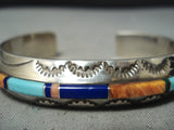 Thick Sturdy Vintage Native American Navajo Turquoise Inlay Sterling Silver Bracelet-Nativo Arts