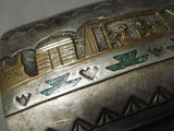 Older Vintage Native American Navajo Hand Tooled Sterling Silver Green Turquoise Buckle Old-Nativo Arts