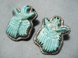 Hand Carved Eagles Vintage Native American Navajo Royston Turquoise Sterling Silver Earrings-Nativo Arts