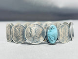 Dazzling Native American Navajo Blue Diamond Turquoise Sterling Silver Dime Bangle Bracelet-Nativo Arts